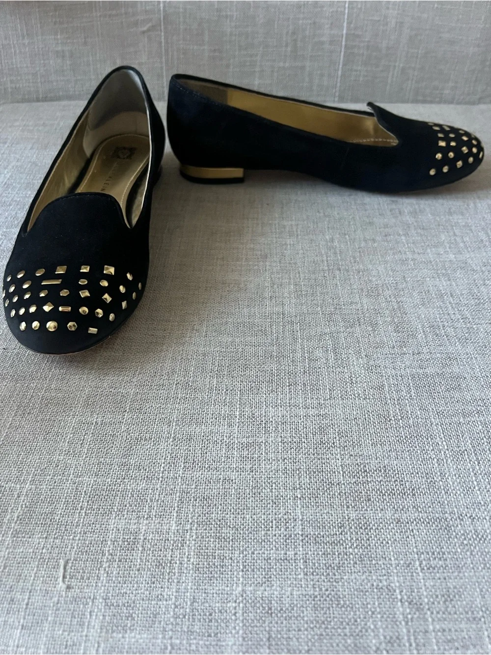 Anne Klein women’s dressy office Black leather gold Studded Loafer flats, 6.5